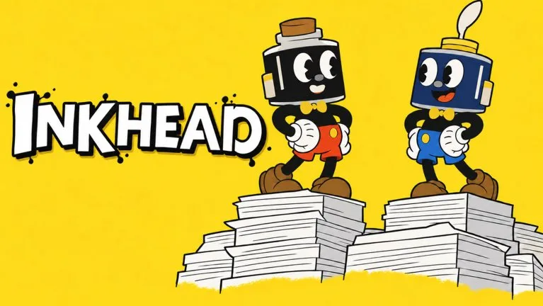 Official Inkhead key art of two ink-jar characters standing on stacks of paper against a yellow background.